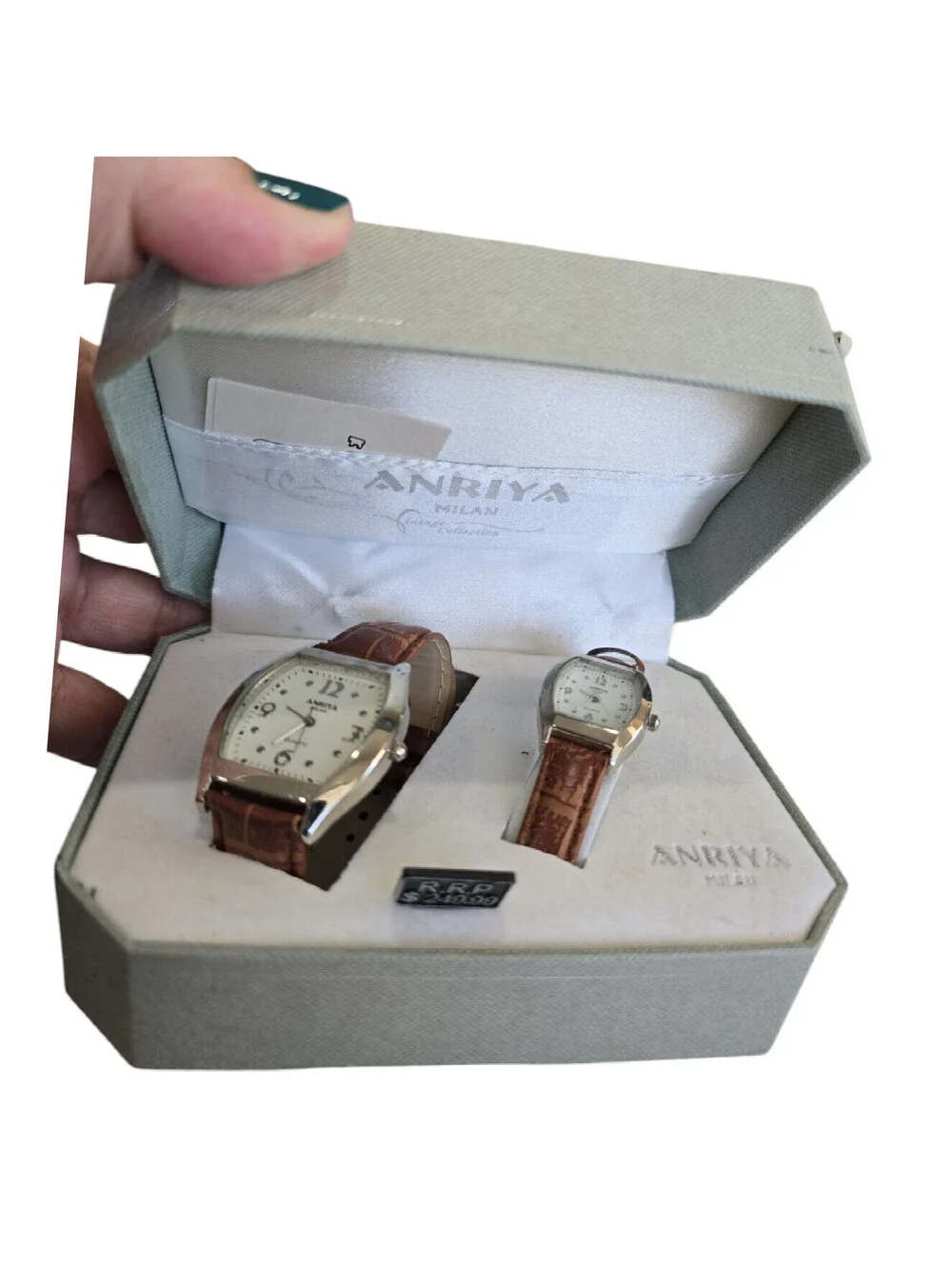 Anriya Milan Mens Womens Matching Watch Set Brown Leather Bands Vintage